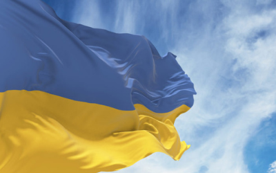 Ukrainian flag against blue sky